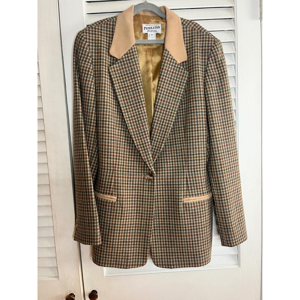 Pendleton Vintage 100% Virgin Wool Plaid Blazer Jacket Tan Brown Green Size 10
